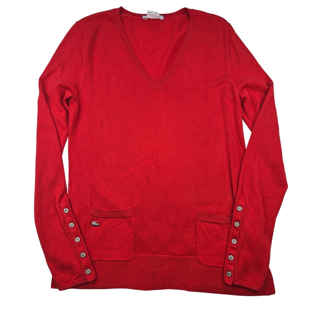 Lacoste V-Neck Sweater Women 38 Red Pocket Button Cuff Knit Excellent